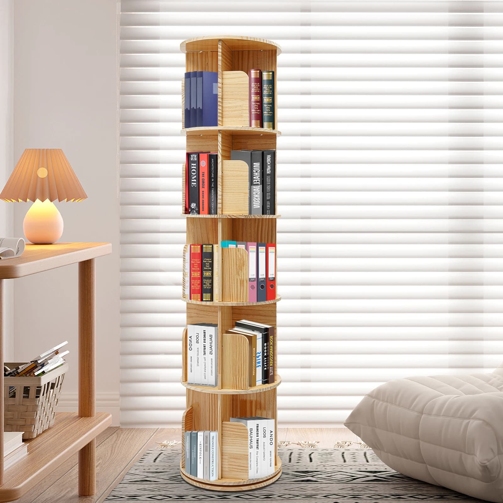 Rotating Bookcase 5 Levels Freestanding Rotating Shelf, 360° Rotating Bookshelf Solid Wood Floorstanding Storage Shelf for Home