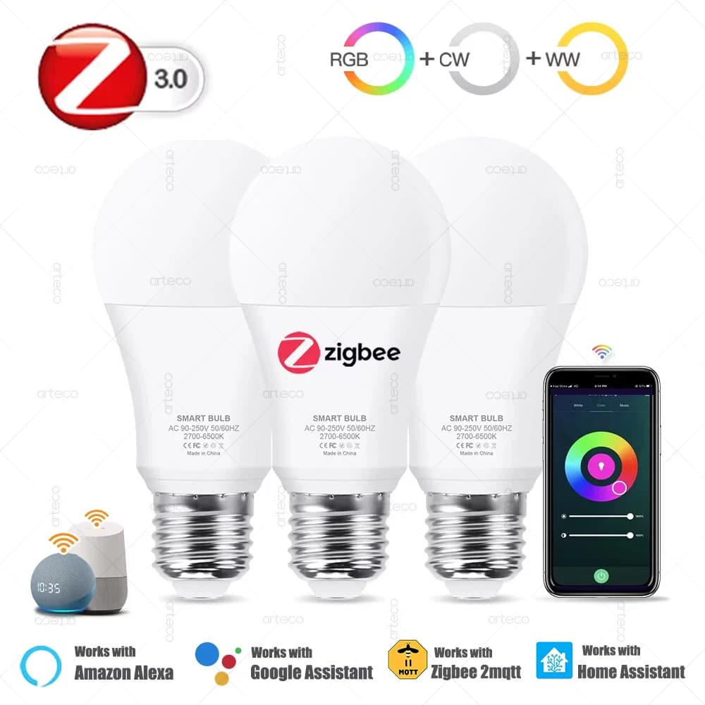 Zigbee E27 Led Light Bulb Alexa Smart Led Lamp RGB CW WW Led Bulbs Work With Smart App Home Assistant Z2M Google  Zigbee 3.0 Hub