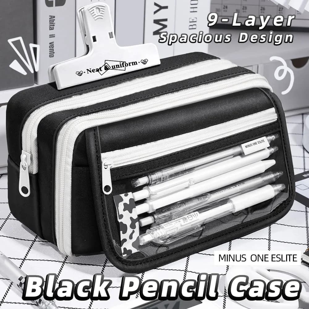 Inkpals Black Pencil Case Large Capacity Children'S Kawaii School Cases Pouch Big Boy Back To School Bag Organizer Box For Pens