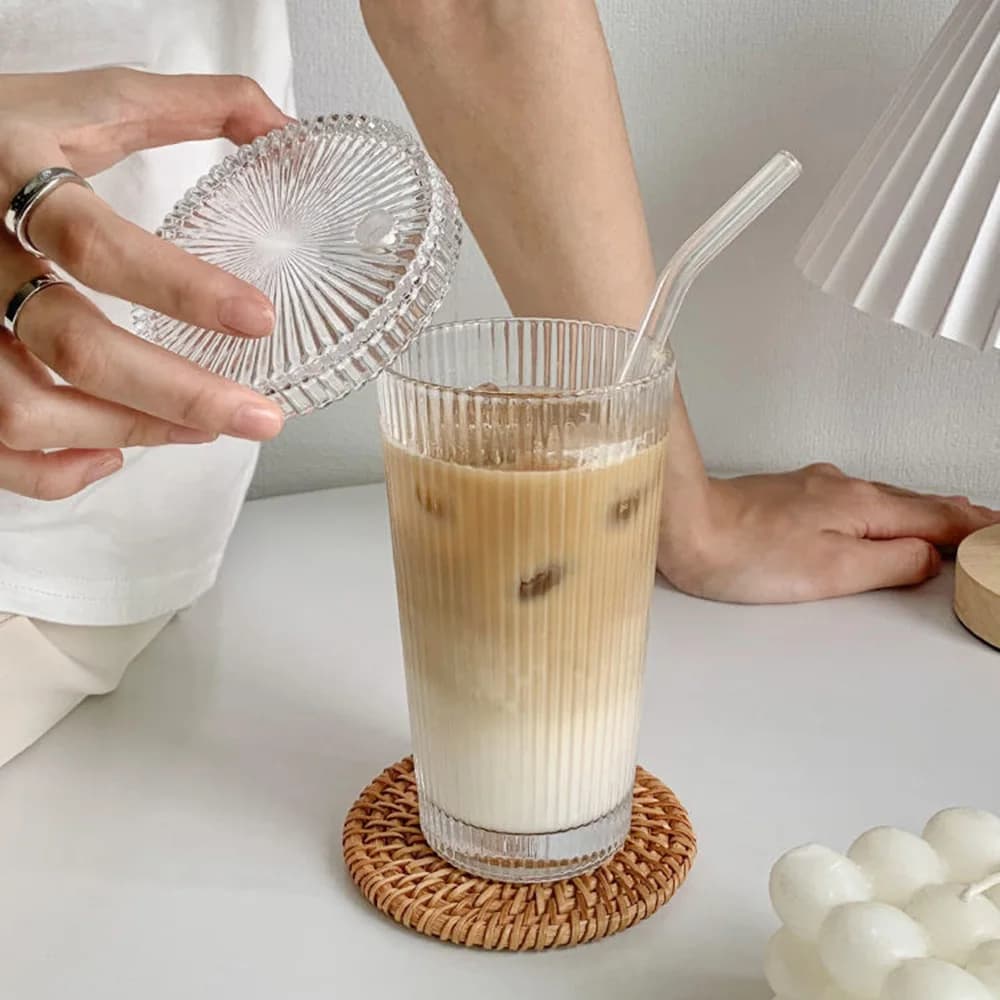 375Ml Simple Stripe Glass Cup With Lid and Straw Transparent Bubble Tea Cup Juice Glass Beer Can Milk Mocha Cups Breakfast Mug