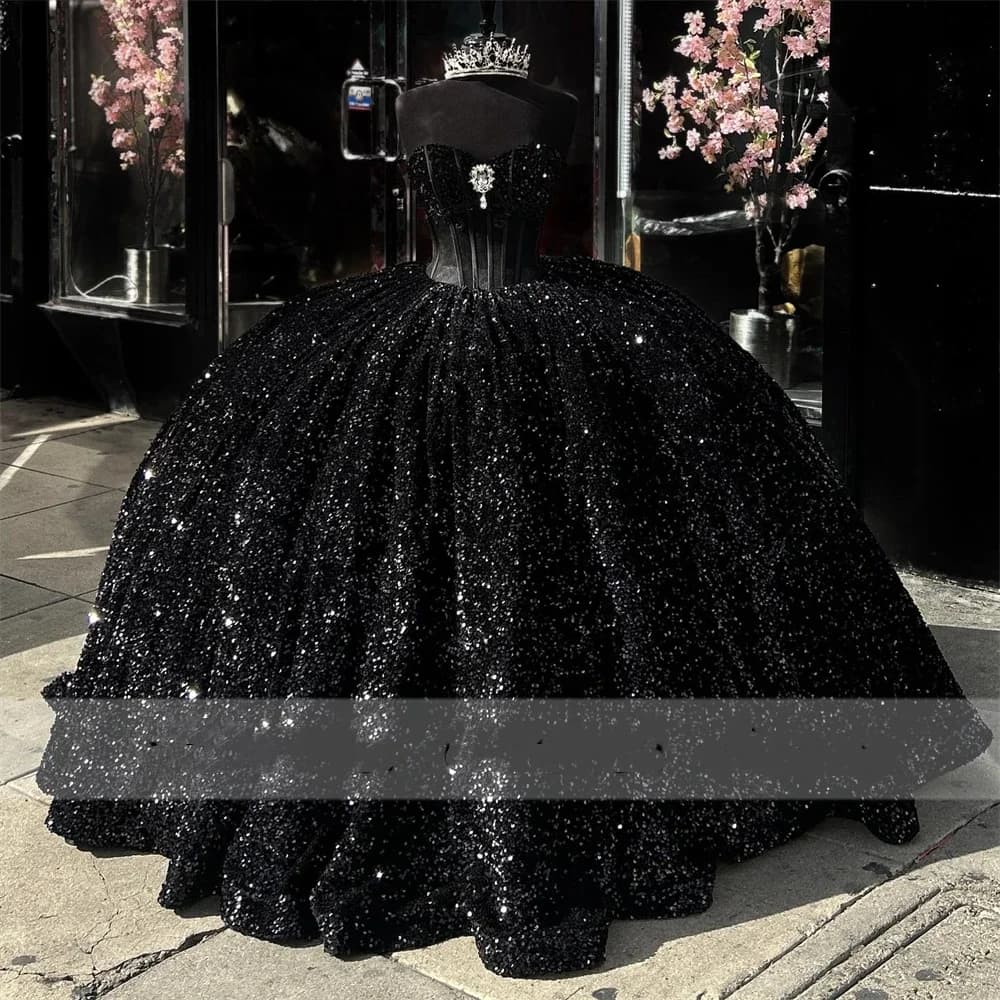 Angelsbridep Black Glitter Tulle Sweetheart Ball Gown 15 Year Old Quinceanera Dresses Beads Customized Brithday Party Dress