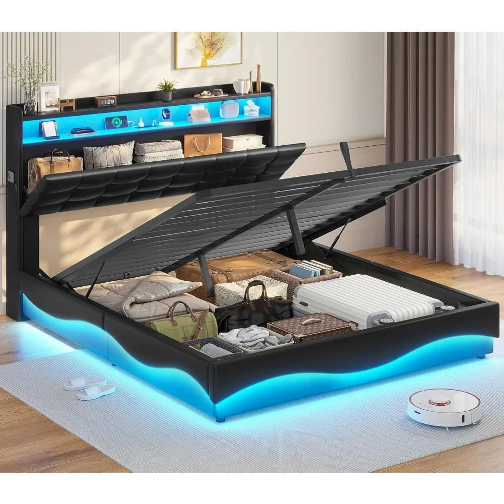 Lift Up Storage Queen Bed Frame with Type-C Charging Station&Hidden Storage Headboard, Lights Upholstered Platform Bed,Queen Bed