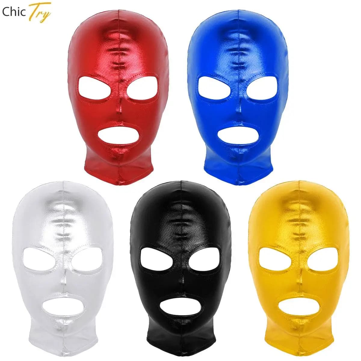 Men Women Shiny Metallic Latex Full Face Mask Hood Balaclava Open Mouth Hole Headgear Fancy Halloween Party Club Cosplay Costume