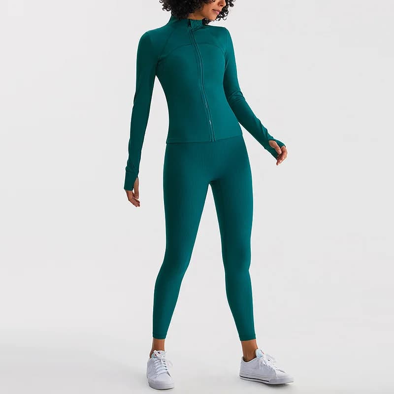 Solid Color rib Fitness Long Sleeve Zipper Top gym Yoga Set Tights Legging Tracksuit Two Piece Women Suit Comprehensive Training