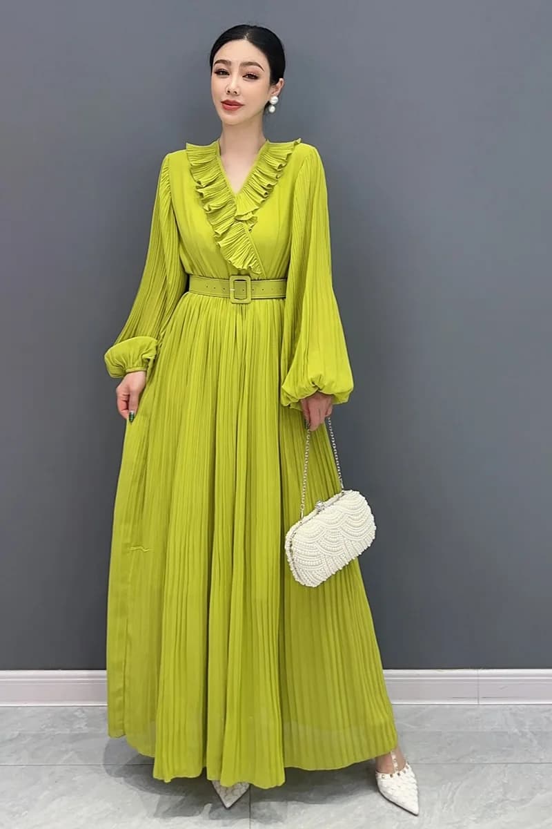 New 2024 Elegant Women V Neck Loose Long Dresses Female Fashion Long Sleeve Dress Wholesale