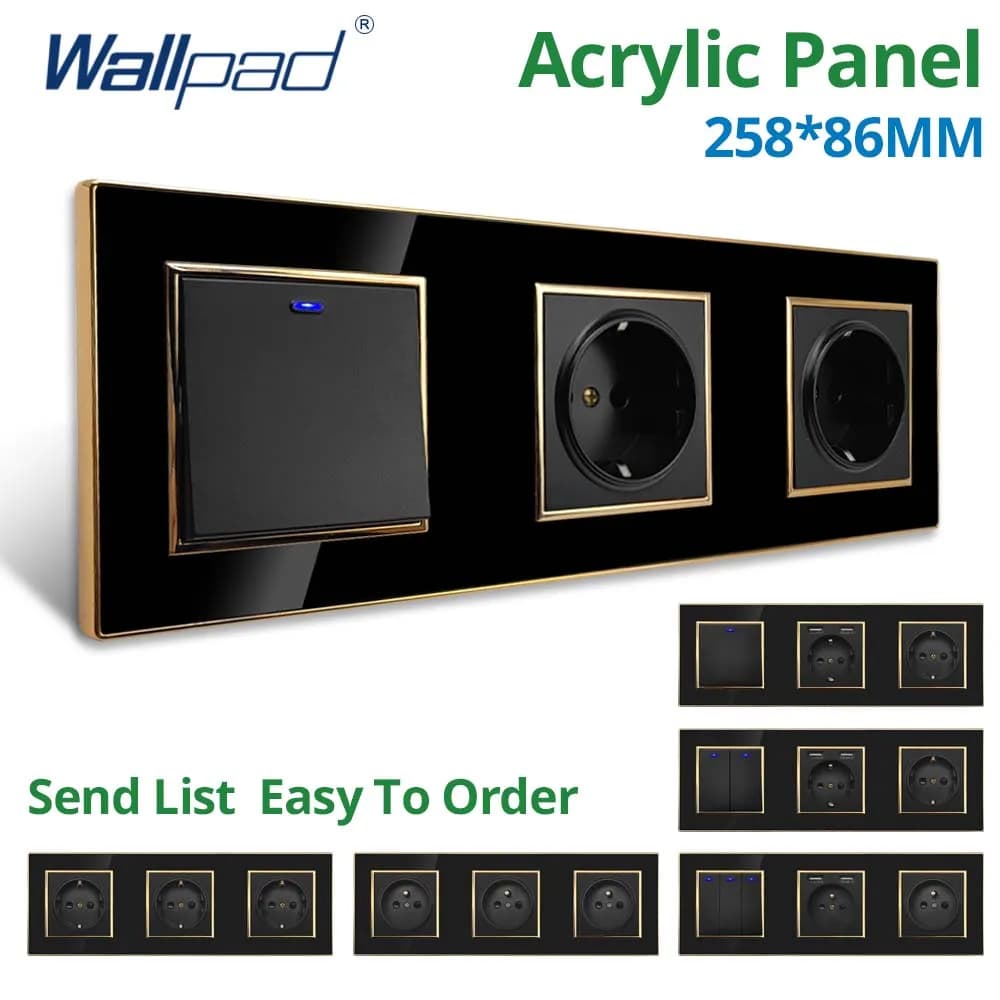 Wallpad 258*86mm Triple Black Acrylic Panel Gold Border Wall Light Switch LED Indicator USB EU Socket 5 6 7 8 Gang 2 Way