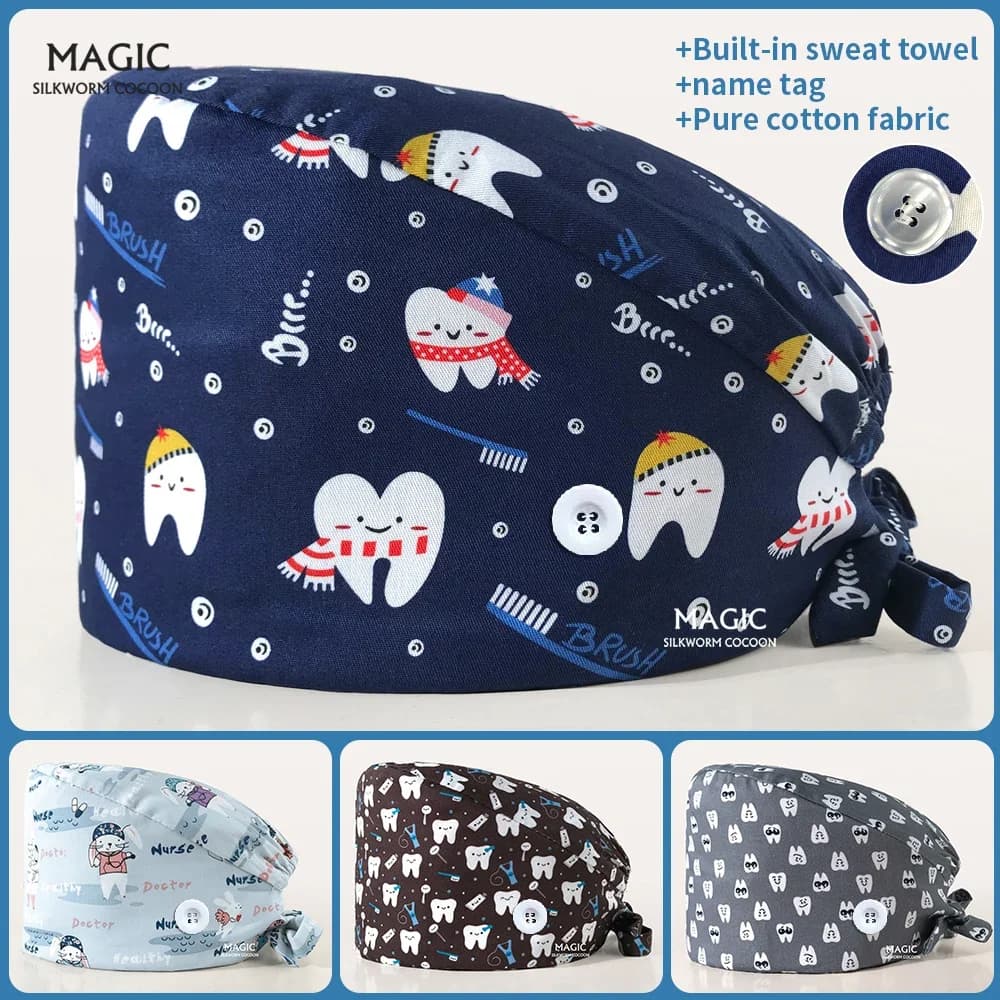 Tooth Printing Adjustable medical Hats Dental Hospital Scrubs Caps Unisex Tie Back Cartoon Scrubs Hats Health nursing Work Hats