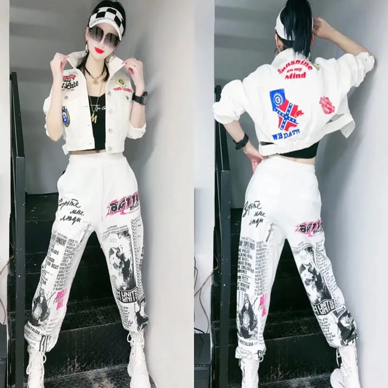 2024 Spring Autumn Fashion Graffiti Hole Fashionable Set Denim Clothes Women's Casual Pants Women's Two Piece Set