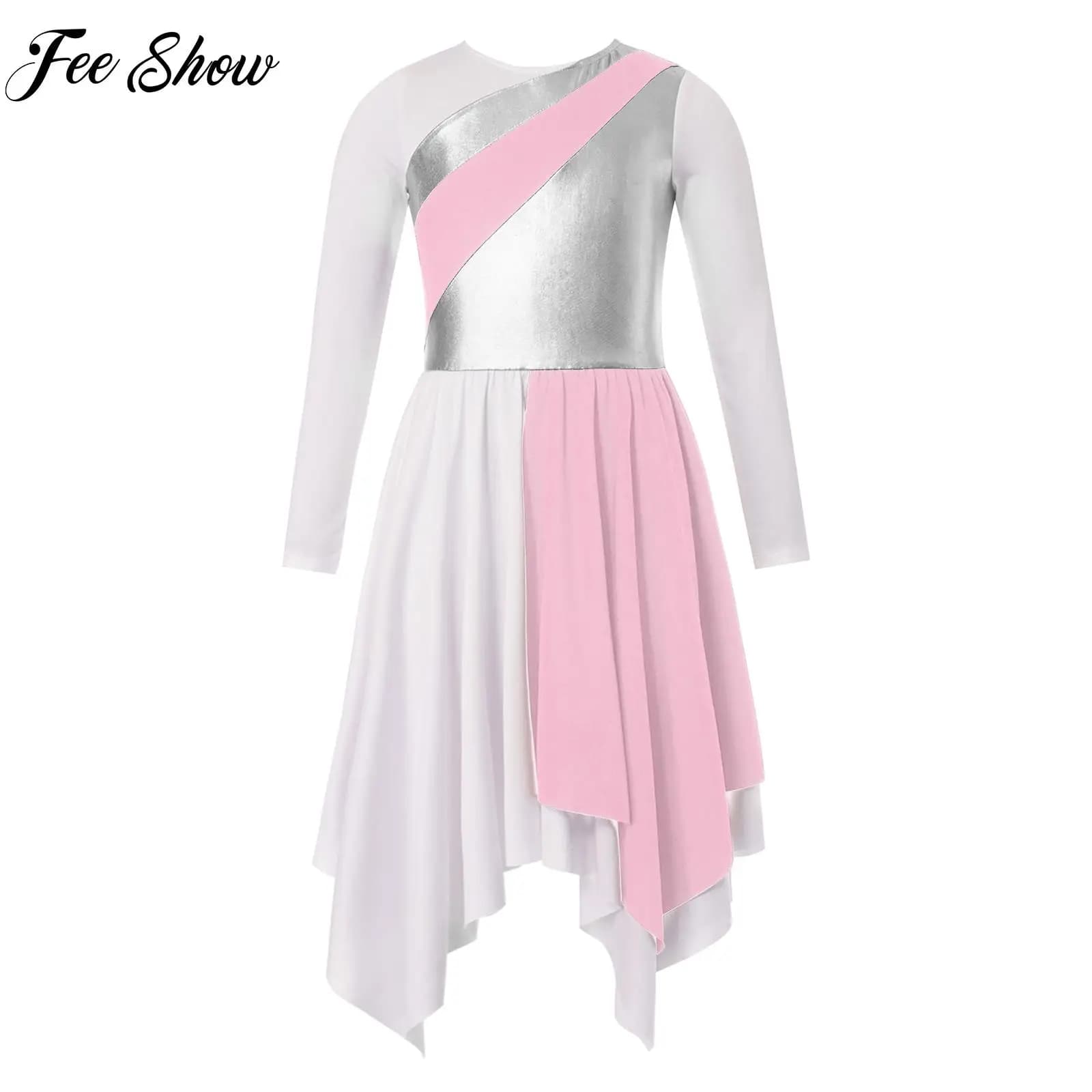 Kids Girls Praise Lyrical Dance Dress Long Sleeve Metallic Contrast Asymmetrical Skirt Worship Performance Dress Costumes