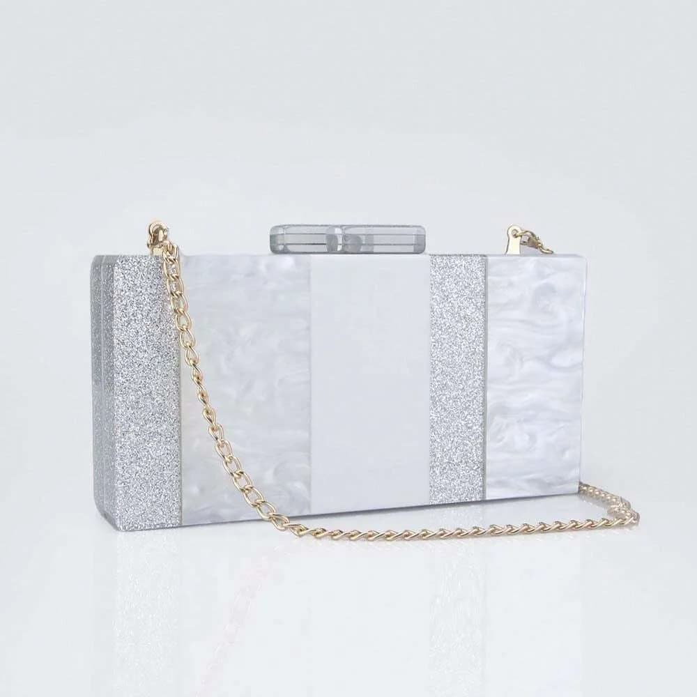New Grey Small Silver Glitter Striped Acrylic Box Clutches Bags Beach Party Evening Wedding Female Clutch Purses Bridal Handbags