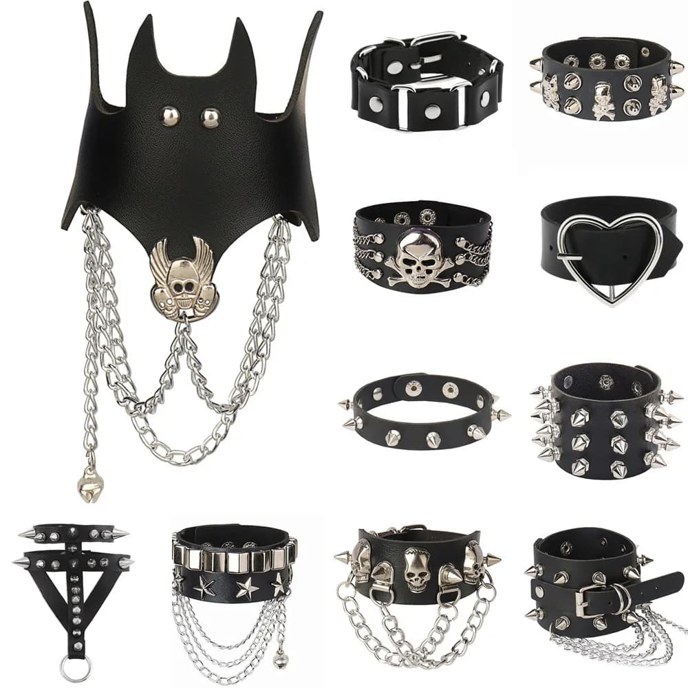 DIEZI Punk Goth Bat Skeleton Wrap Bracelet Women Men Vintage Harajuku Black PU Leather Chain Bracelet Bangles Halloween Jewelry