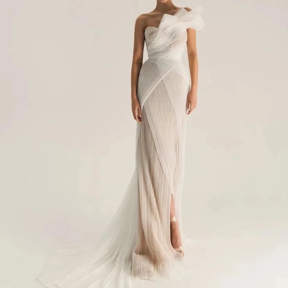 Customized  Luxury Jersey Straight One Shoulder Evening Dress Side Slit Floor Length Sleeveless Panel Train Vestidos de