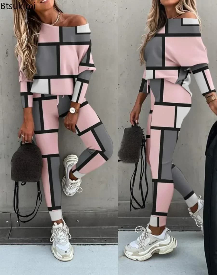 New 2025 Women's Casual Plaid Printed 2PCS Pants Sets Off Shoulder Long Sleeve Top Shirts and Pants Sets Female Tracksuit Sets