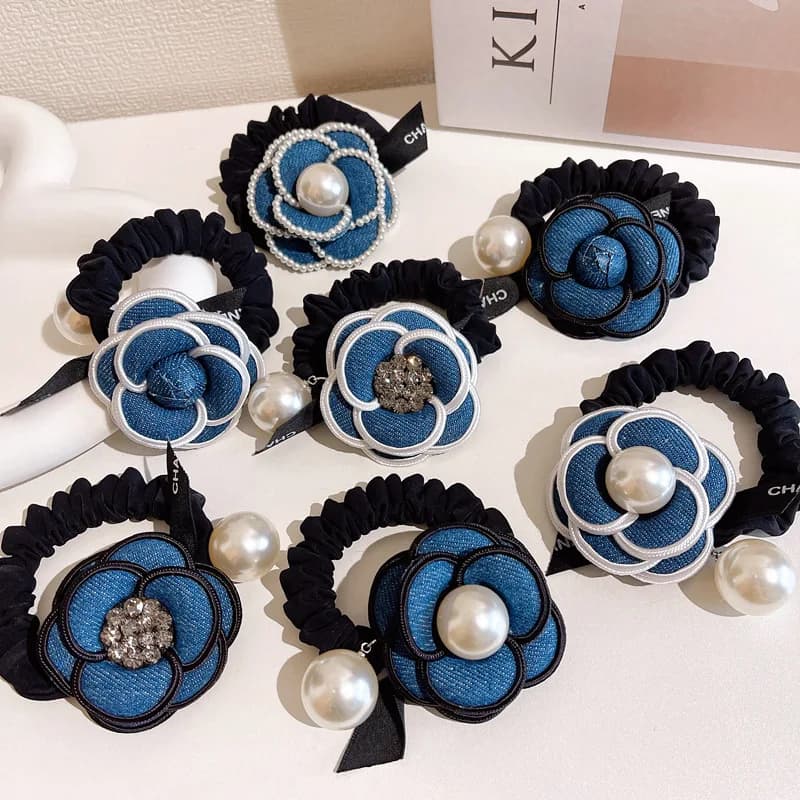 Camellia Pearl Denim Blue Elastic Hair Bands Hair Ropes Black Crystal Scrunchies Rubber Bands Headdress Ponytail Holders Set