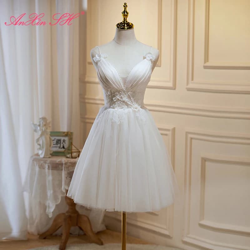 AnXin SH princess white rose flower lace spaghetti strap bride beading pearls short customized evening dress little white dress