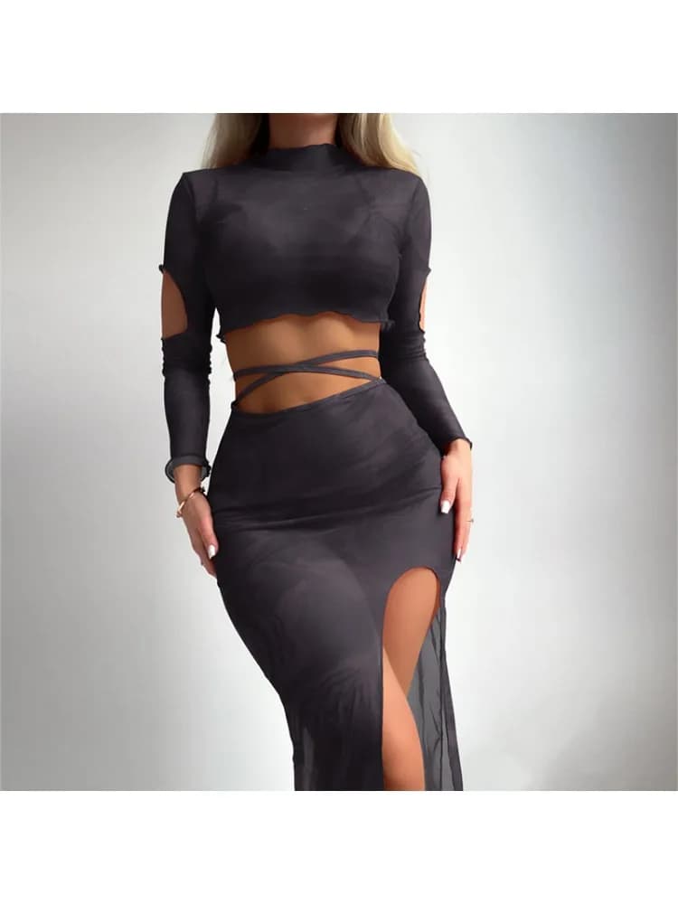 Swimsuit New Long Sleeve Top Short Skirt Swimwear Women's Small Fresh Style Lace Up Tulle Split-top Hot Trend Type 2024 Summer