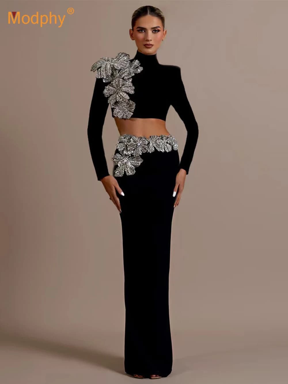 Modphy Sexy Long Sleeves Bandage 2-Piece Sets Women Turtleneck Shiny Diamonds Flower Top + Long Skirts Suits Evening Party Set