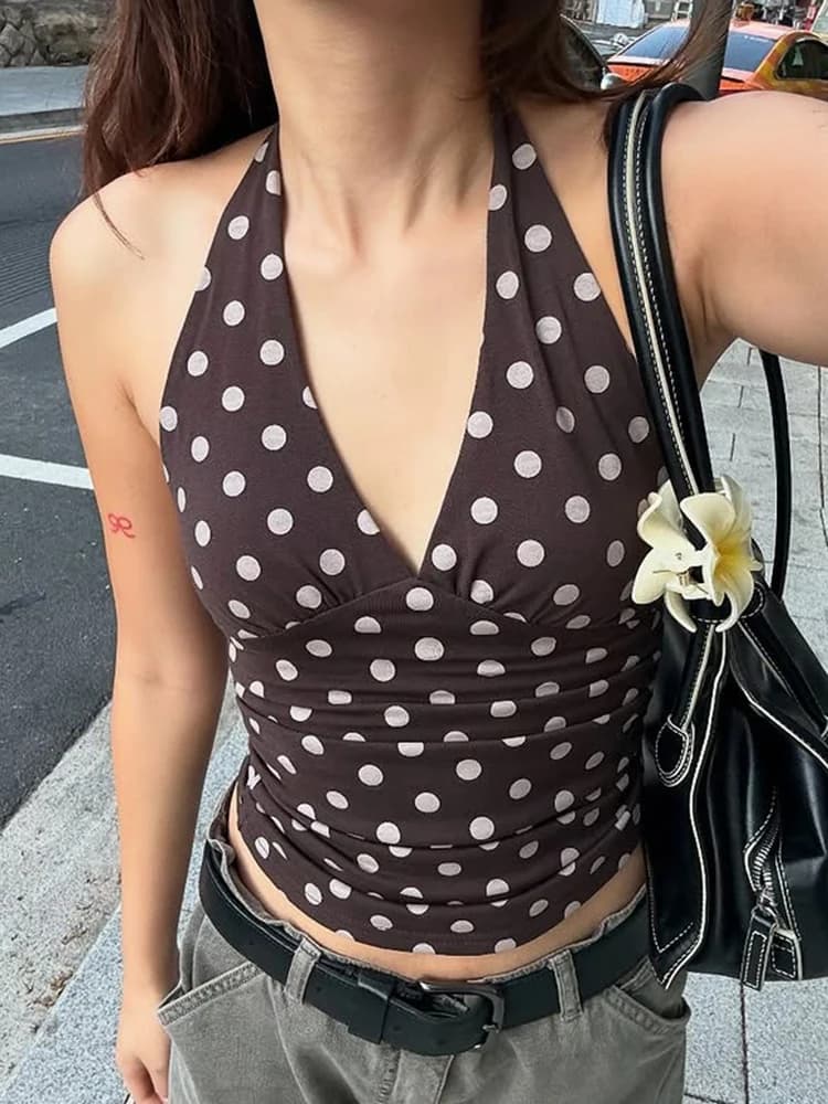 Weird Puss Polka Dot Print Vest Women Y2K Lace-Up Backless Halter v-Neck Skinny Summer Trend Daily  Street Basic Chic Tank Tops