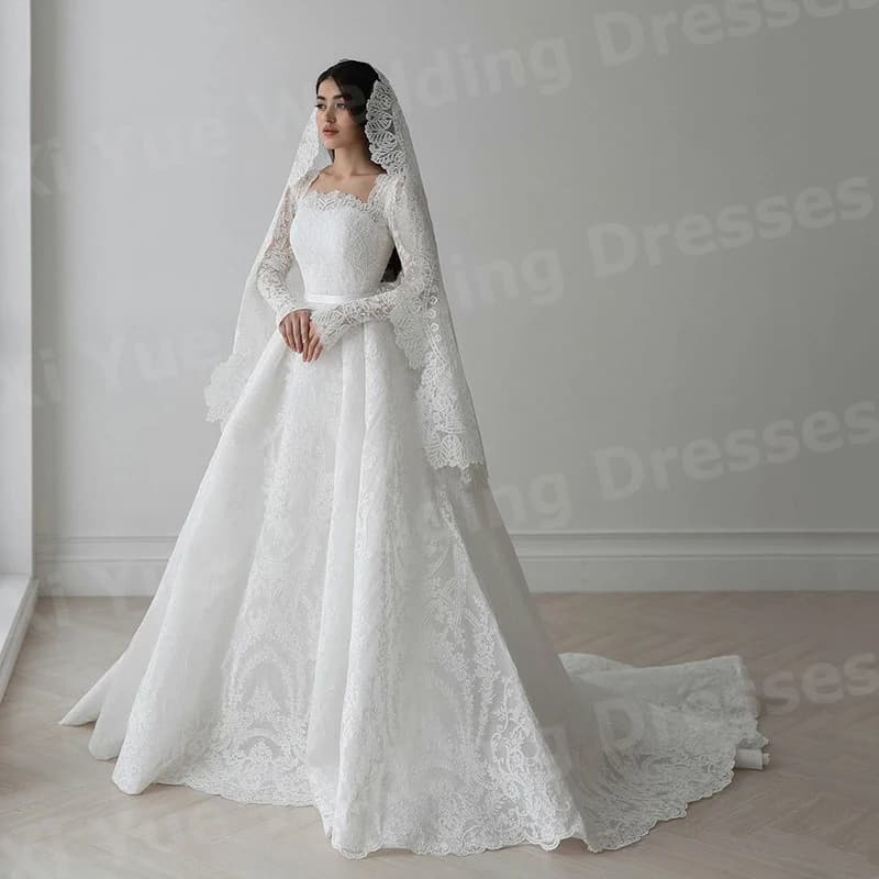 Charming A Line Women's Lace Appliques Wedding Dresses Elegant Bride Gowns Vestidos Customized Long Sleeve Vestido De Novia Boda