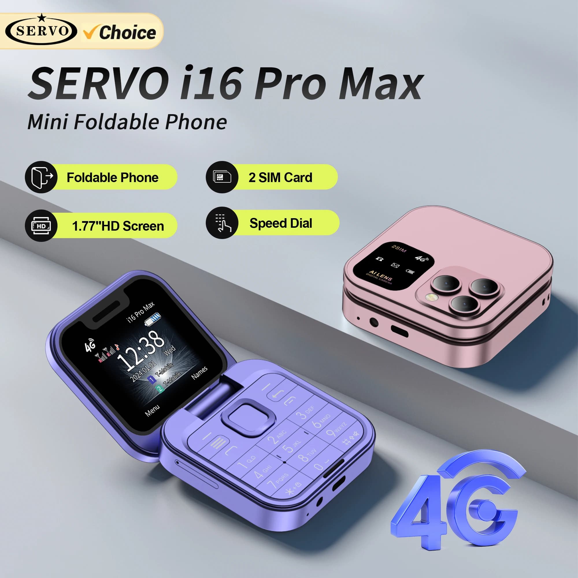 NEW SERVO i16 Pro Max Small Flip Mobile Phone 4G Network Dual SIM Standby Call Recording Speed Dial FM 1.77" Mini Fold Cellphone