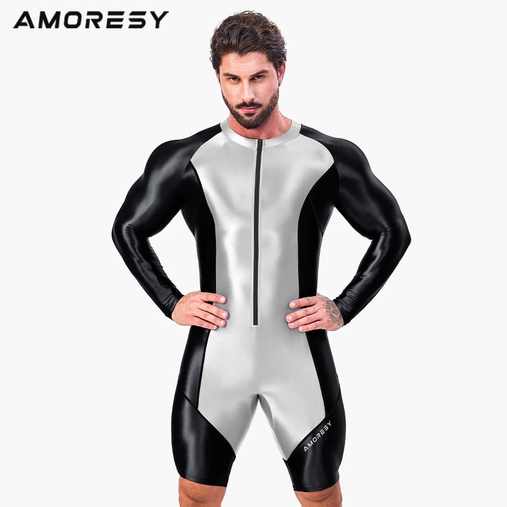 AMORESY Men's Shiny Glossy Tracksuit Set with Front Zipper Sports Fitness Running Overall Catsuit Jumpsuit for All-Purpose Use