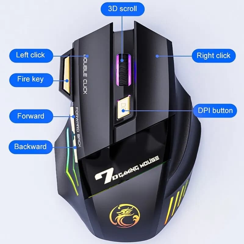 IMICE GW-X7 Wireless Gaming Mouse, 3200DPI, Bluetooth/2.4G, 7 Buttons, Rechargeable, RGB LED
