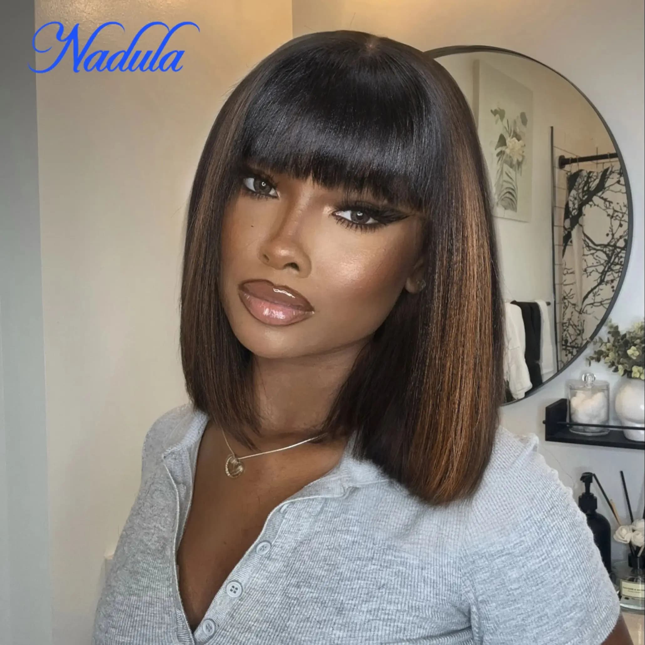 Nadula Hair Short Bob Wigs With Bangs Yaki Straight Short Bob Highlight Balayage Color Wig 4X2 T Part Lace 100% Human Hair Wigs