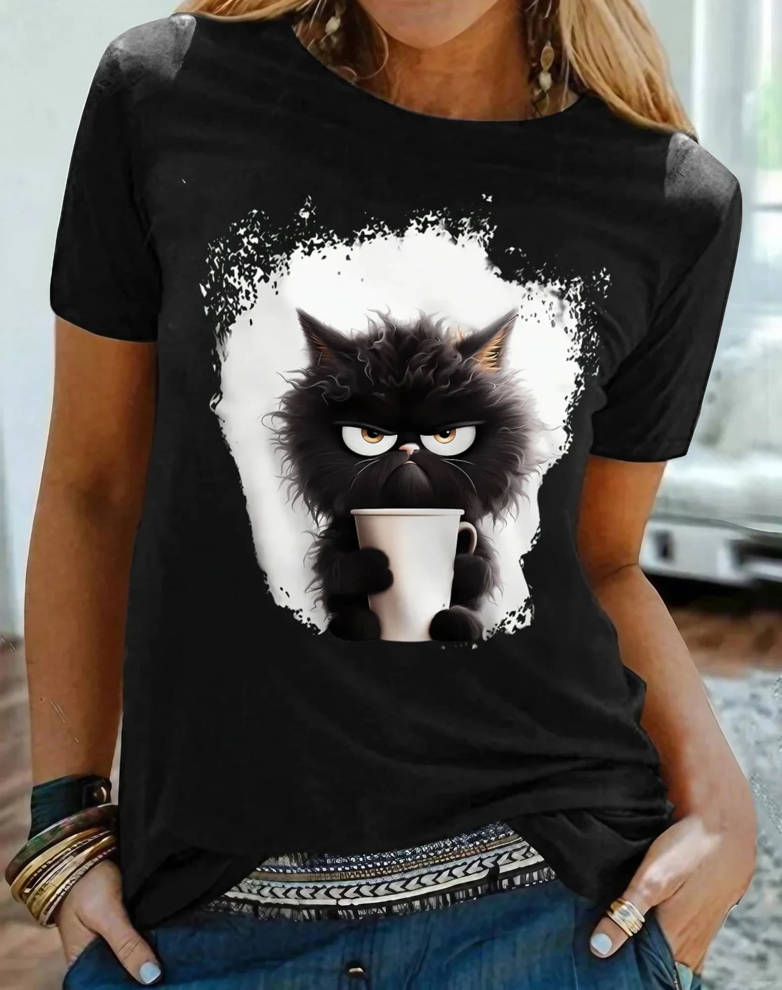 Women's T shirt Tee Cat Daily Weekend Black Print Short Sleeve Fashion Funny Round Neck Regular Fit Summer