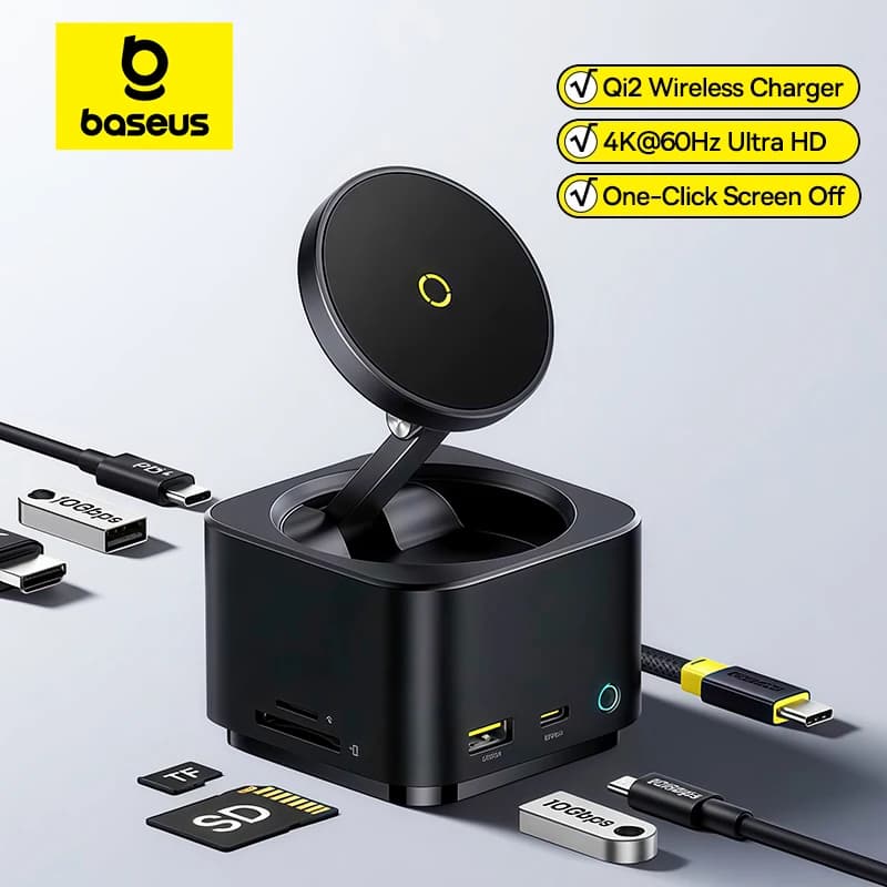 Baseus 7-in-1 USB C HUB HDMI 4K@60Hz with Qi2 Wireless Charger for iPhone USB 3.2 PD 100W Fast Charging Type-C Docking Station