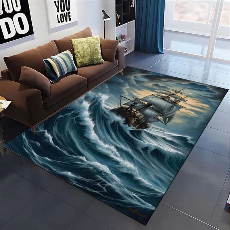 Retro Pirate Boat Barque Ship Area Rug Carpet for Home Living Room Children's Bedroom Sofa Doormat Home Decor,Non-slip Floor Mat