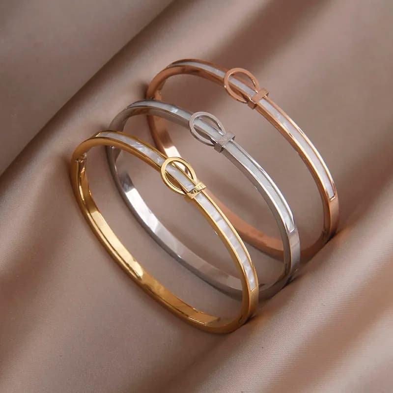 Classic Stainless Steel Metal Belt Open Bangles for Women Fashion Brand Jewelry Shell Bracelets Party Accessories Gifts