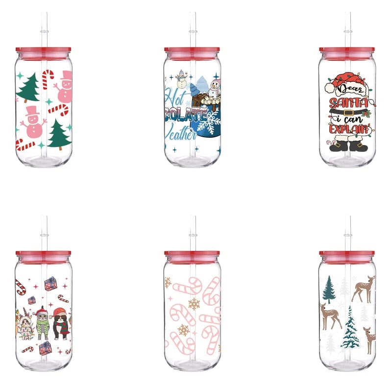 Christmas 16oz Printed Cartoon PET Cup With Straw Red Lid Cartoon Pattern Design Can Be Used To Milk Coffee Drinks