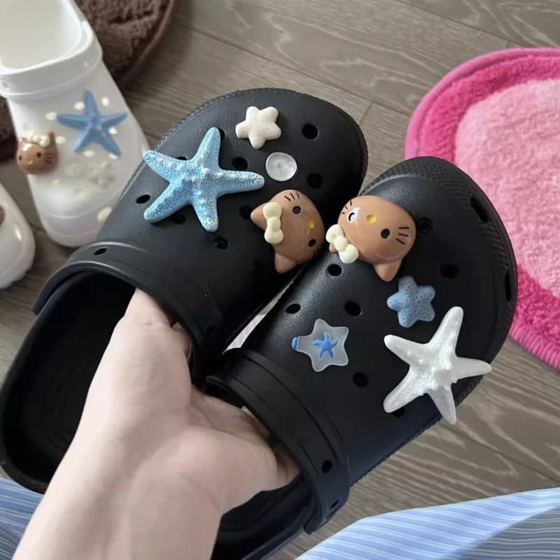 Summer Blue Ocean Theme Beach-Browned Hello Kitty Shoe Charms Starfish Sandal & Clog Decorations Holiday Gift for Women Girls