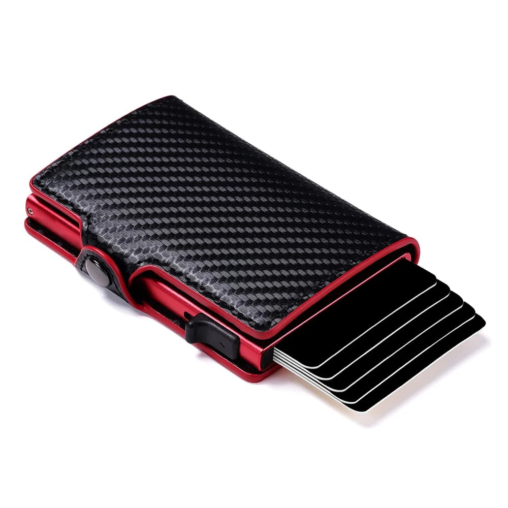 CASEKEY Carbon Fiber Protector Credit Card Holder Tarjetero Hombre RFID Leather Single Box Smart Wallet Slim Pop Up Card Case