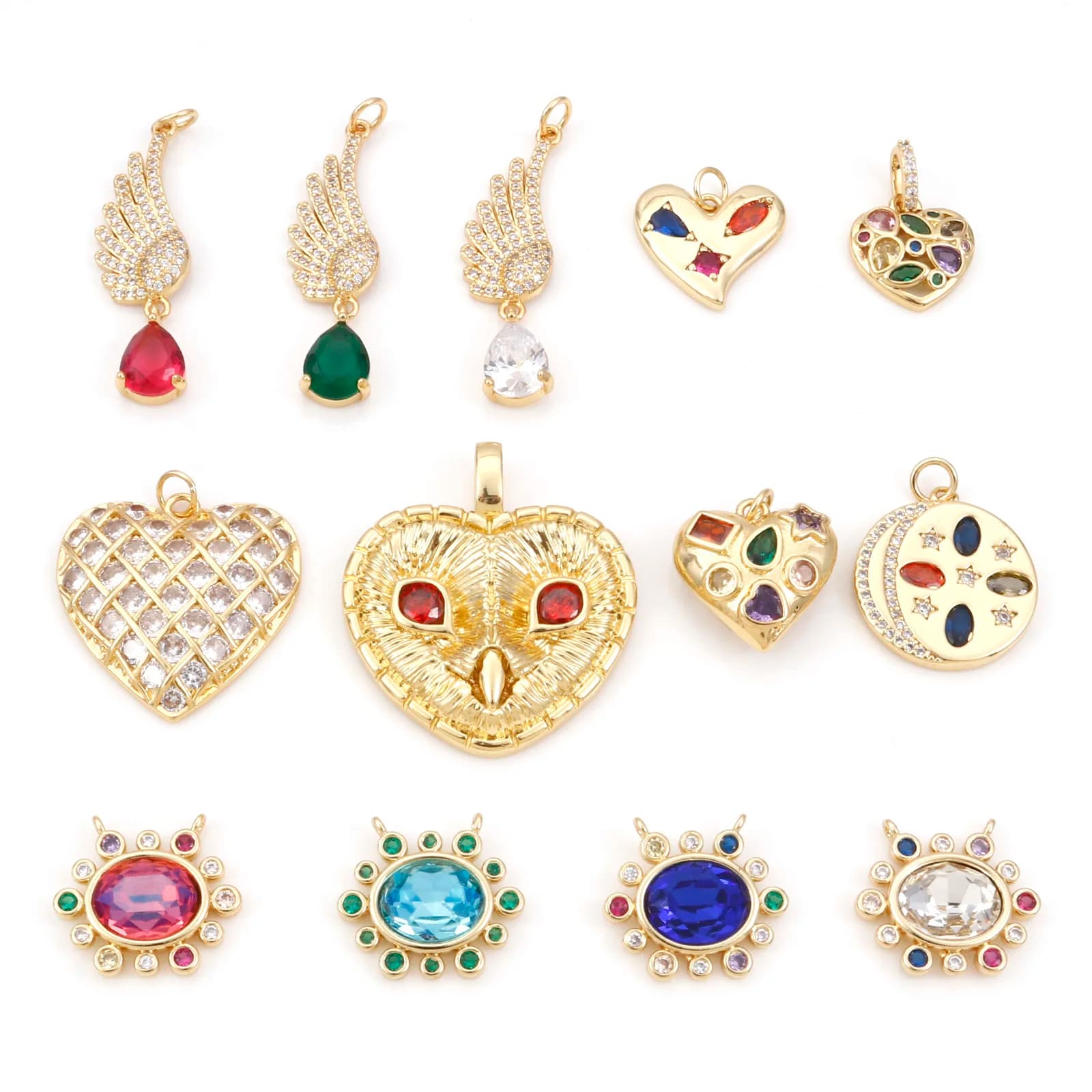 Fashion Copper Micro Pave Charms Gold Color Heart Wings Multicolour Cubic Zirconia Pendant DIY Making Necklace  Jewelry Findings