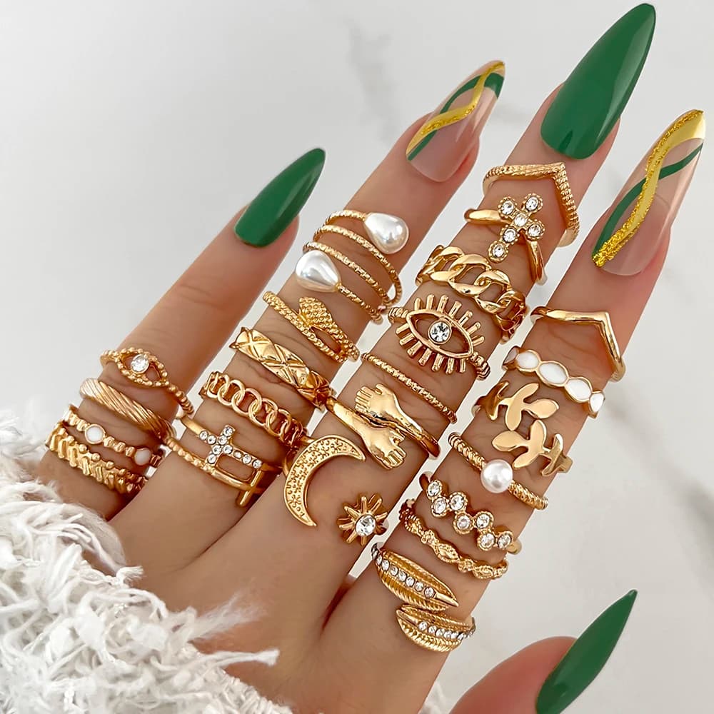 23Pcs/Set Faux Pearl Cross Eye Moon Star Hug Leaf Snake Chain-Shaped Metal Multi-Element Rhinestone Ring For Women Birthday Gift