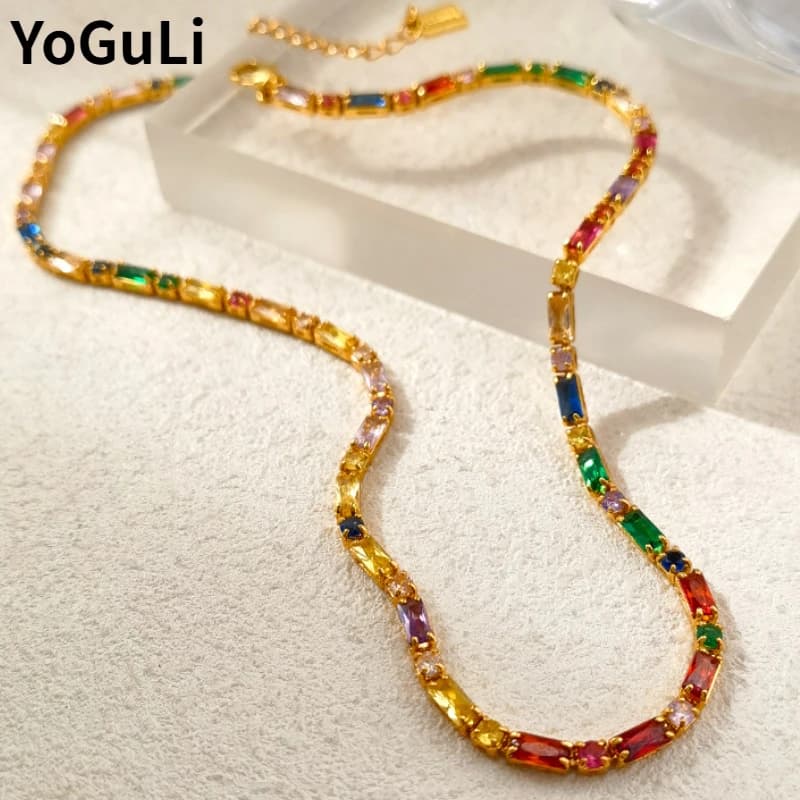 Modern Jewelry High Quality Copper Metal One Layer Colorful Glass Necklace For Women Girl Gift  Popular Style