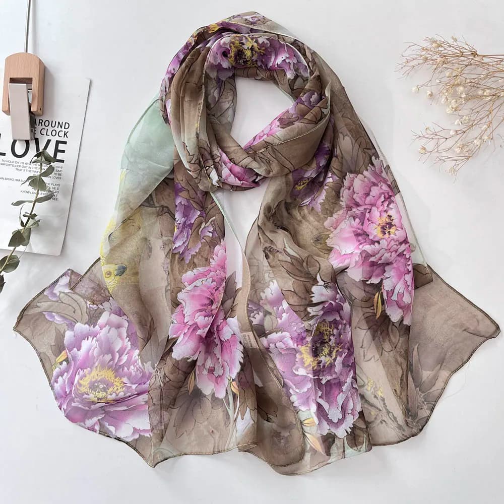 Women Foulard Chiffon Scarf Georgette Parrot Rose Bandana Sunscreen Beach Summer Long Shawl 50*160CM