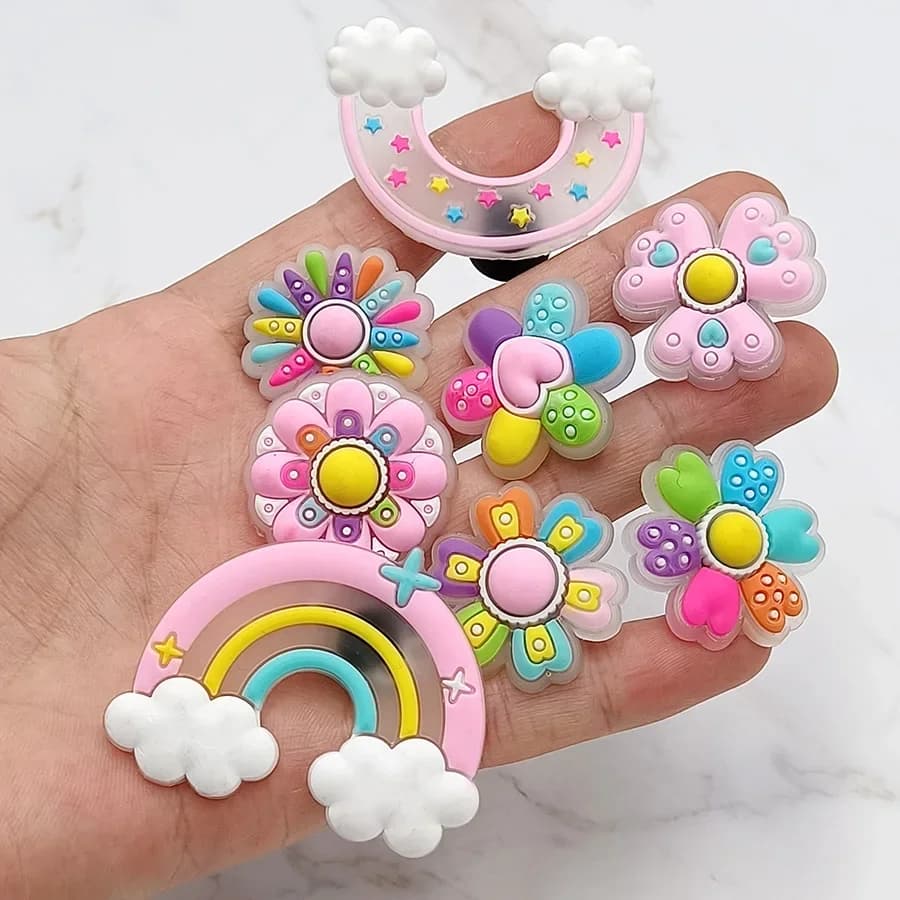 1Pcs Translucent Design Flower Rainbow PVC Shoe Charms Accessory Shoe Upper Pins Buckle Decorations Badge Kids Gifts