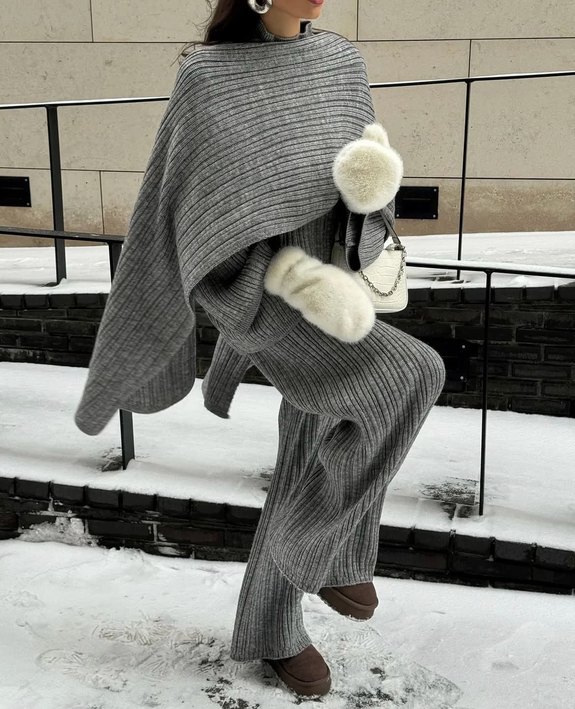 Hirsionsan Soft Elegant Vintage Women Suits 3 Pieces Female Sets O Neck Sweater & Wild Leg Pants with Scarf Knitted TrackSuit