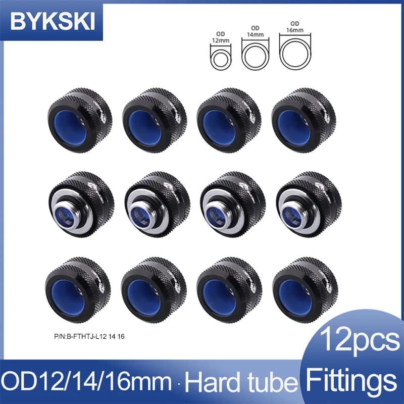 12pcs Bykski OD14MM12MM 16MM,Hard Pipe Fittings, PETG Tube Hand Compression,Black Adapter,Red,White,Gold,Blue G1/4