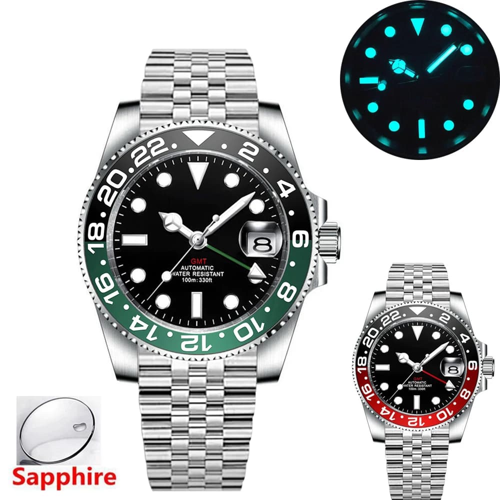Custom NH34 GMT Watches Men's Luxury Sapphire Automatic Mechanical Watch Luminous 40MM Stainless Steel Diver Waterproof Watch