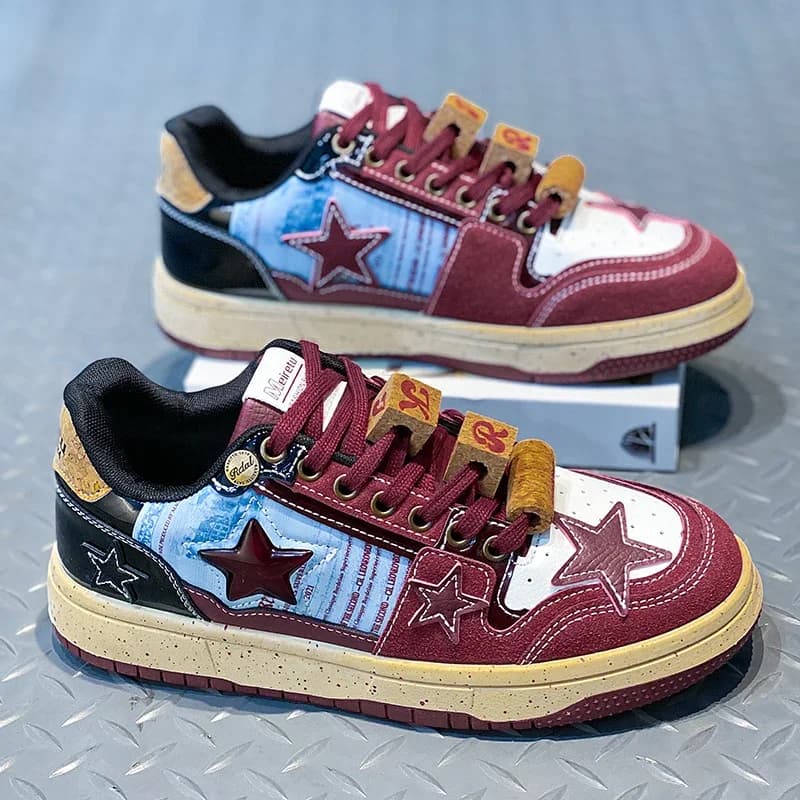 New Wine Red Personalized Casual Shoes with Chinese Fashion Design, Versatile Men's Sports Board Shoes Thick Soled Women's Shoes