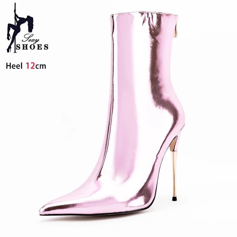 2024 Pointed Toe Ankle Boots For Women Rear Zip Glossy Patent Leather Party Shoes Autumn Thin Heels Ladies Elegant Short Boots