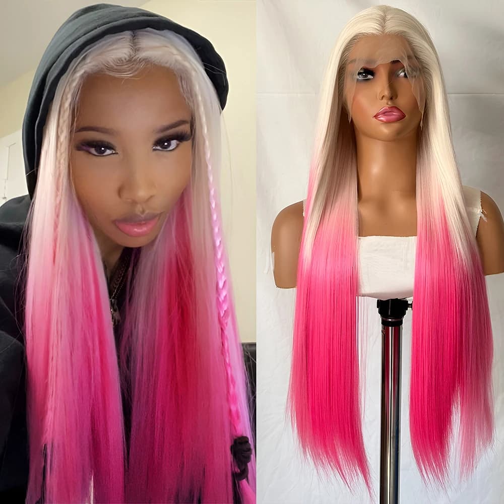 Platinum Blonde To Hot Pink Synthetic Lace Front Wigs For Women Natural Hairline Long Straight Hair Ombre Pink Lace Wigs Cosplay