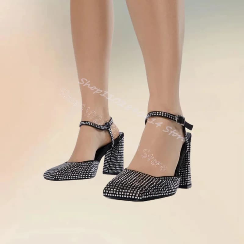 Silver Rhinestone Decor Square Toe Pumps Ankle Buckle Strap Women Shoes Chunky High Heels Party Banquet 2024 Zapatos Para Mujere