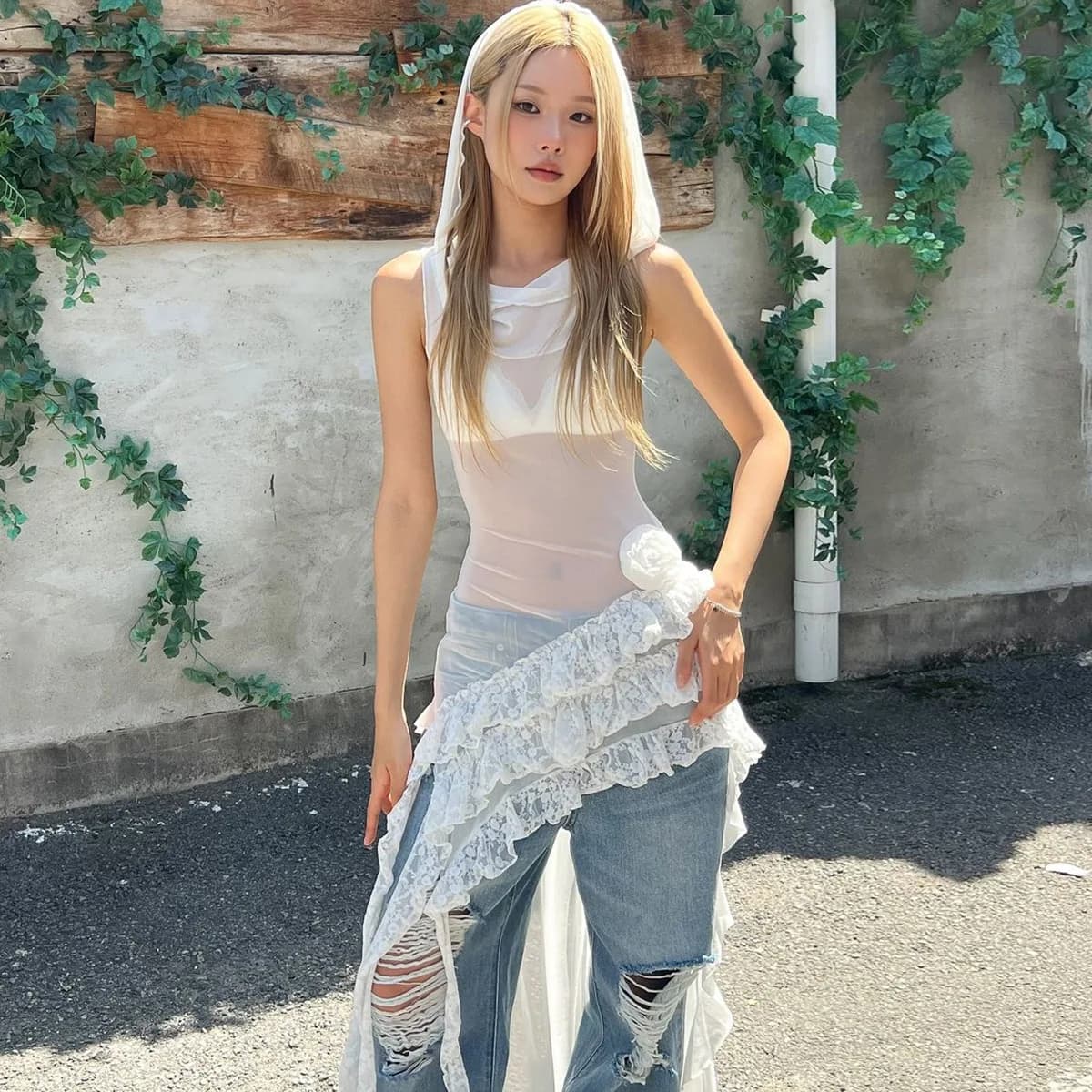 Lygens Hooded Sheer Sleeveless Mesh Lace Ruffles Asymmetrical Short Women'S Dresses Fashion Y2K Streetwear Sexy Korean Clotehs