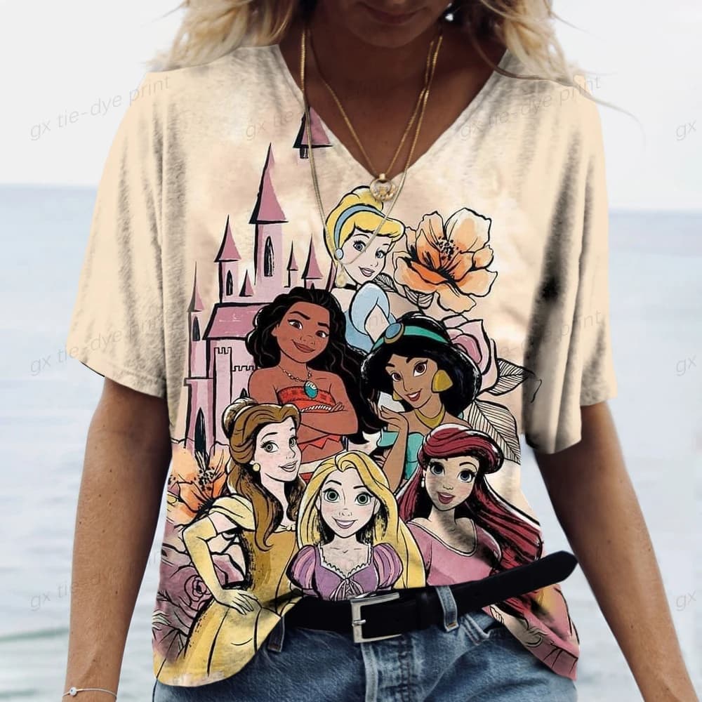 Women's T-shirt Women's printed short sleeved fashionable T-shirt Disney Princess Summer Top Women's Street V-neck Top