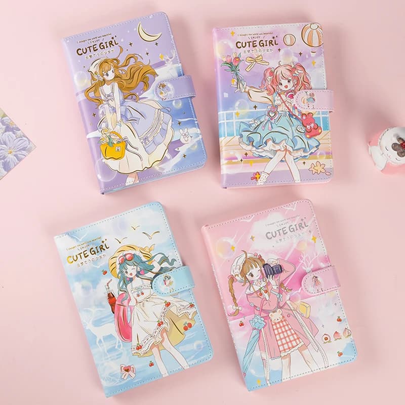 Cute Girl Cartoon Handwritten Journal PU Leather Cover Kawaii Daily Planning for Students Reflections Stay Organized Planner