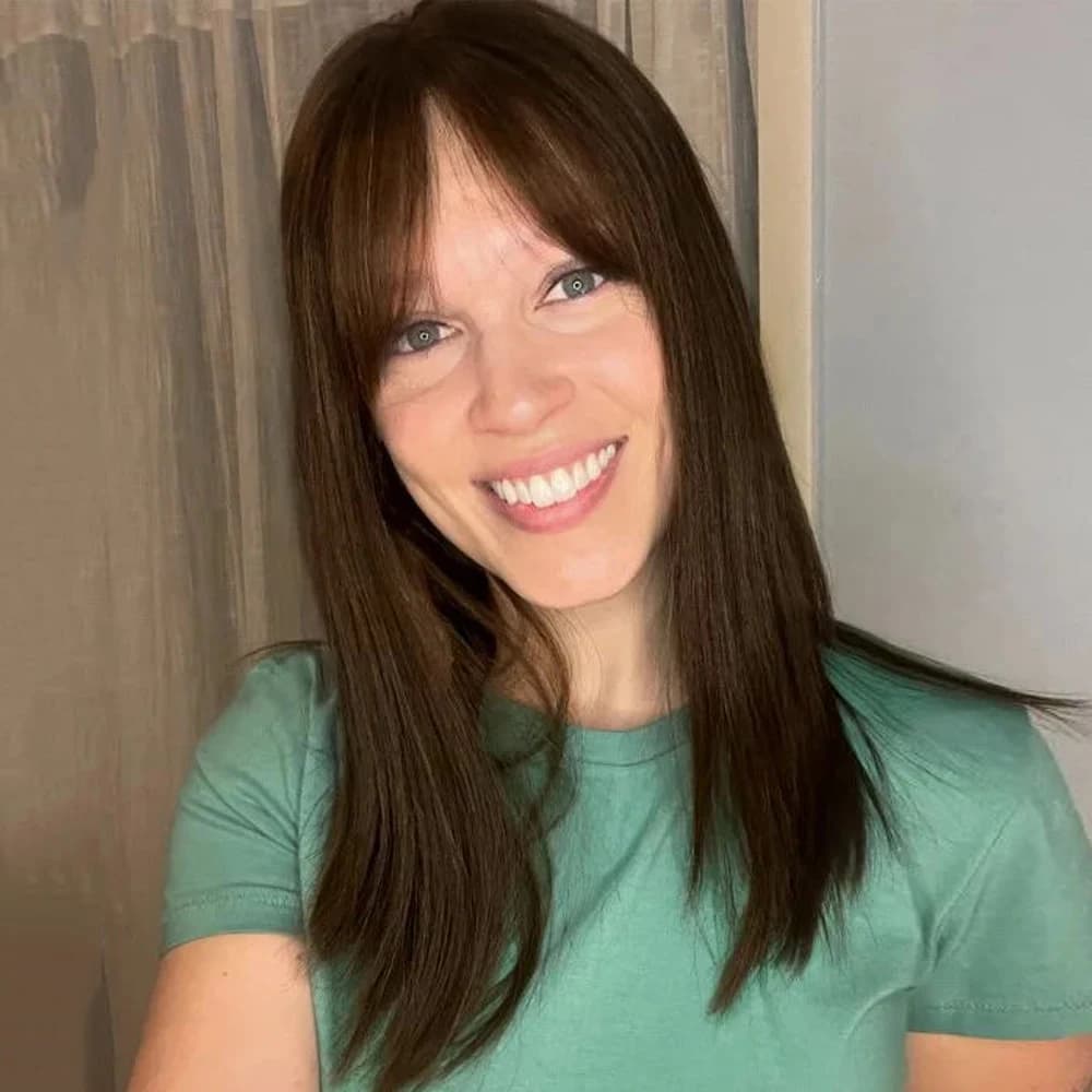 Mocha Brown Hair Lace Front Wig With Bangs Premium Remy Human Hair Long Bob Wig 16" Straight Lace Front Wig 150% Density